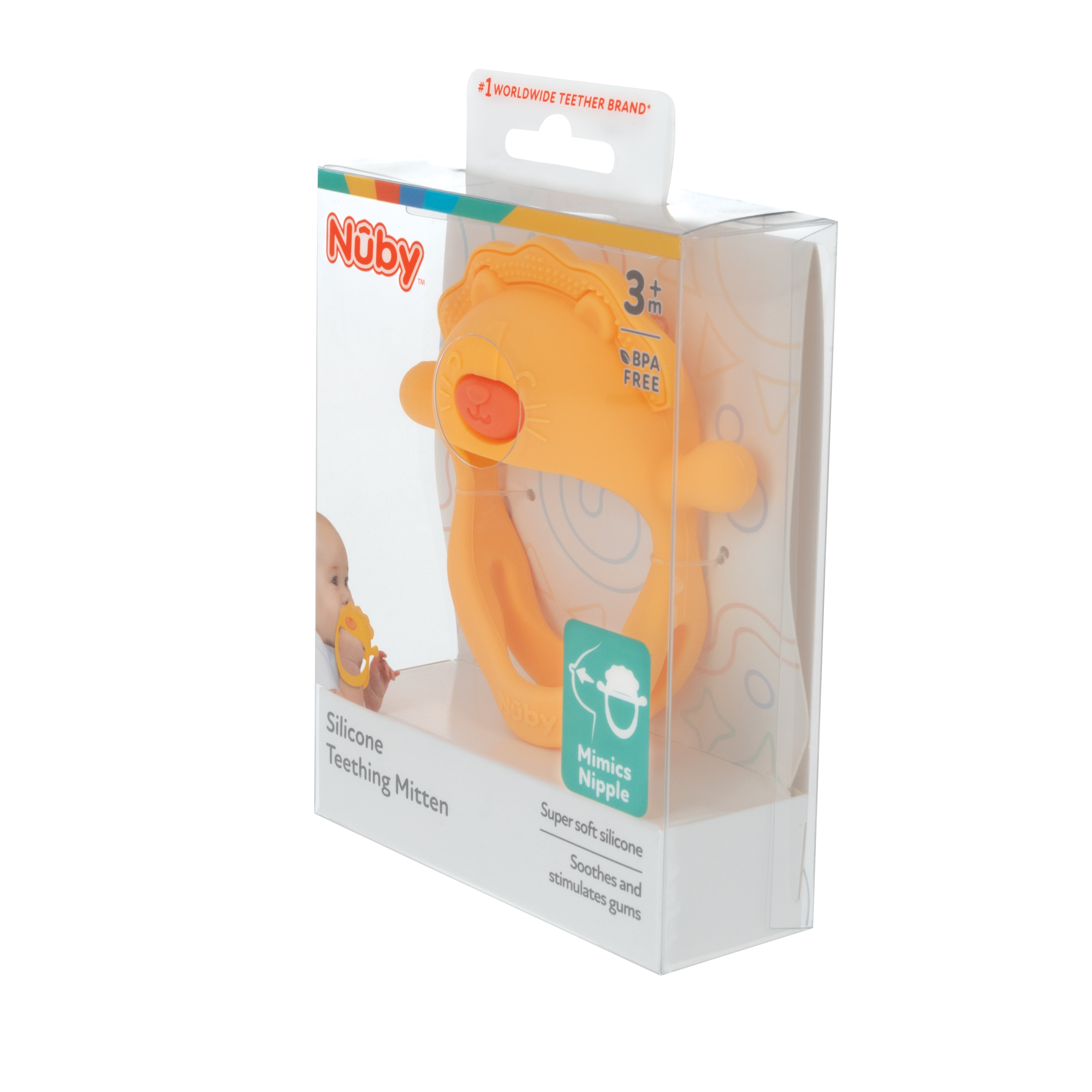 Nuby Mini Wrist Grip Silicone Teething Mitten for Babies, Lion