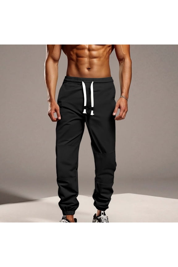 Men's Fashion Patchwork Casual Sports Fitness Elastic Waist Drawstring Cuffed Pants with Pockets