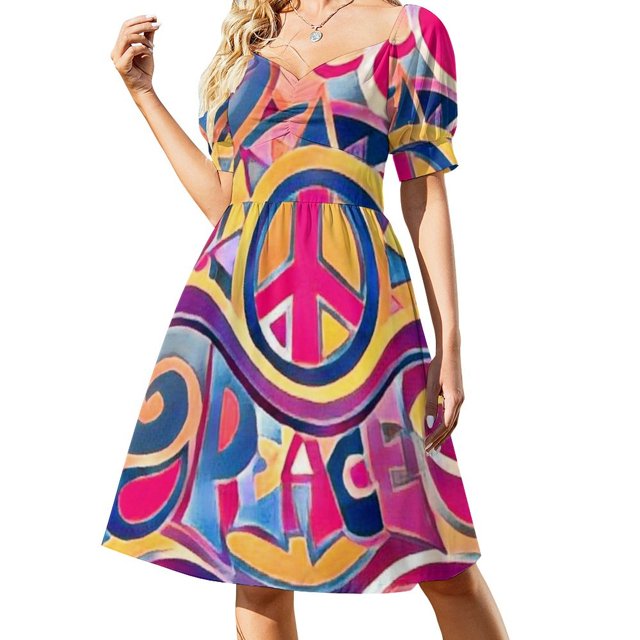 Robe Rétro Hippie Peace and Love Robe d'Été pour Femmes 2024 Robes gala Robe de Soirée pour Femmes