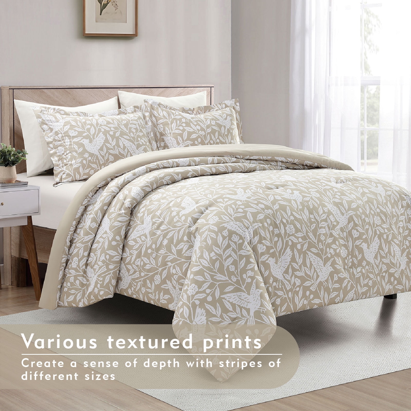 Notticasa 3-Piece Printed Comforter Sets,Beige,Twin,Features a Floral and Peacebird Design, Including a Quilt Cover and Pillowcases