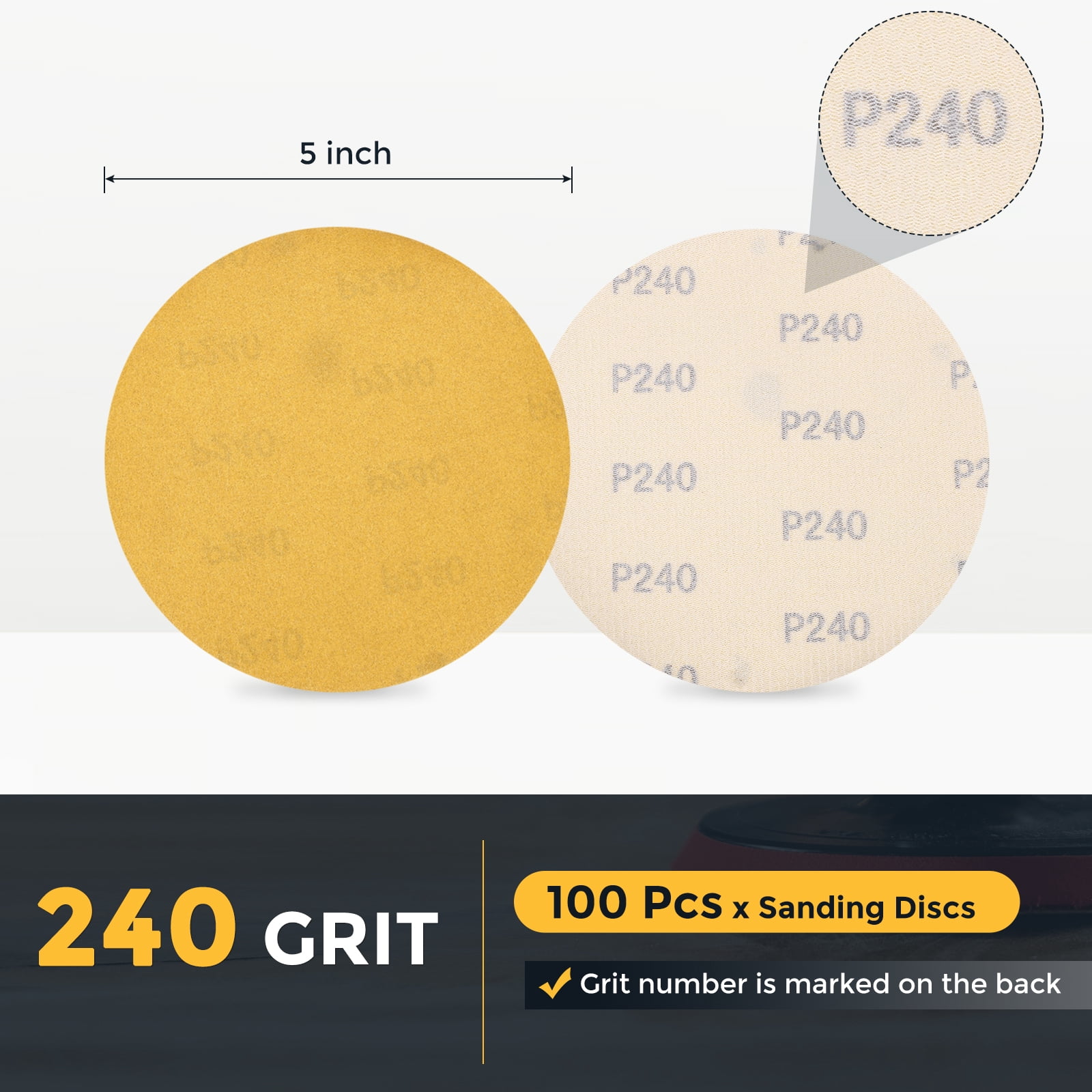 100 Pcs 5 Inch Sanding Disc 240 Grit Hook and Loop Sandpaper Random Orbital Sander Pads for Woodworking Automotive, Gold