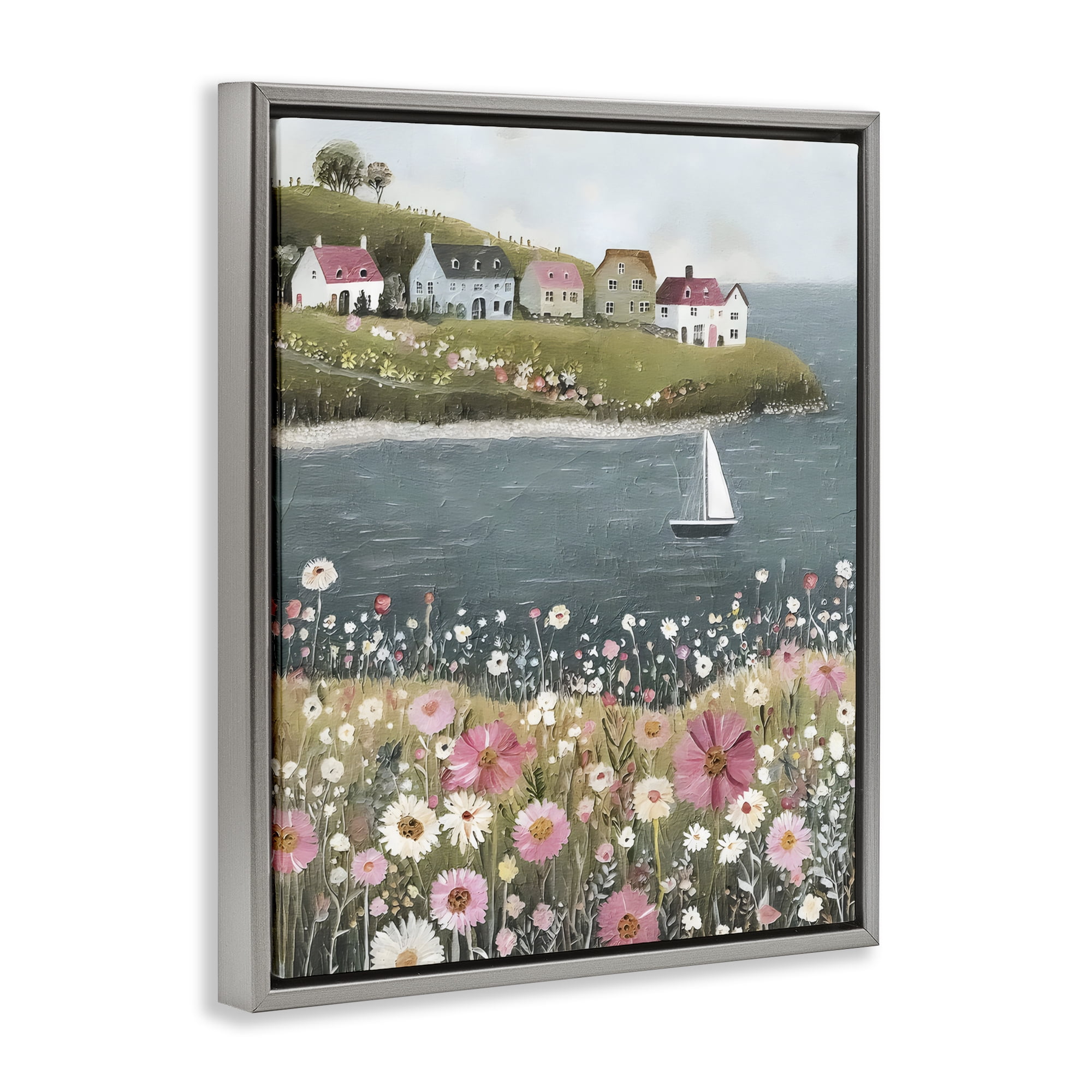 Stupell Industries Pink Meadow & Sailboats Gray Framed Floater Canvas Wall Art, design by Riley B