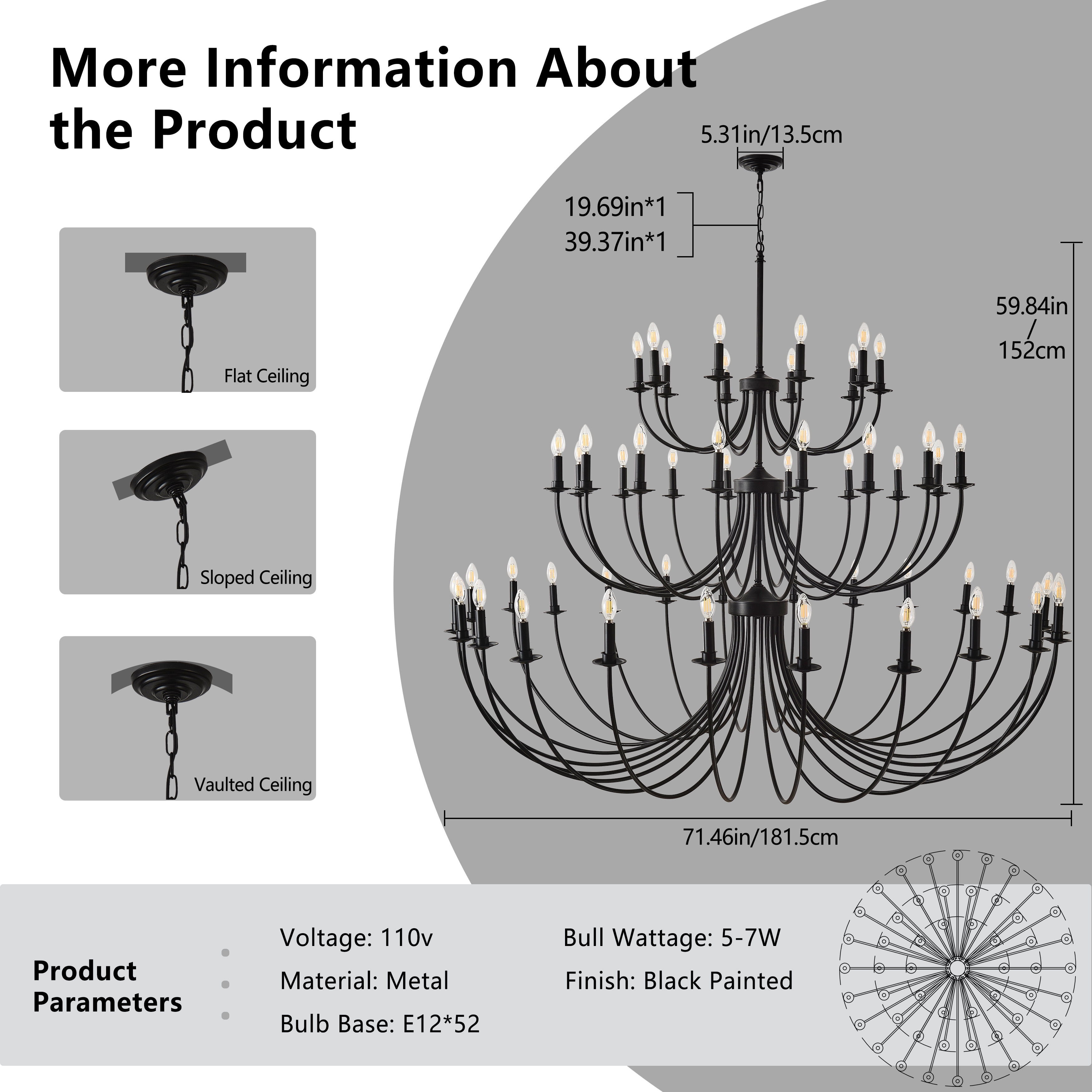 Black Farmhouse Chandelier with Adjustable Chain - 52-Light Rustic Candle Style for Dining Room & Foyer