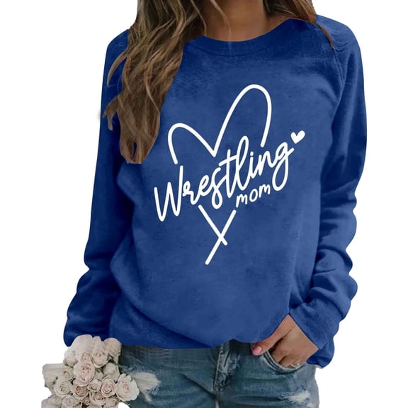 HNMKIU Women's Fashion Casual Solid Color Loose Fit Long Sleeve Letter Print Round Neck Crewneck Sweatshirt,02_Blue,L