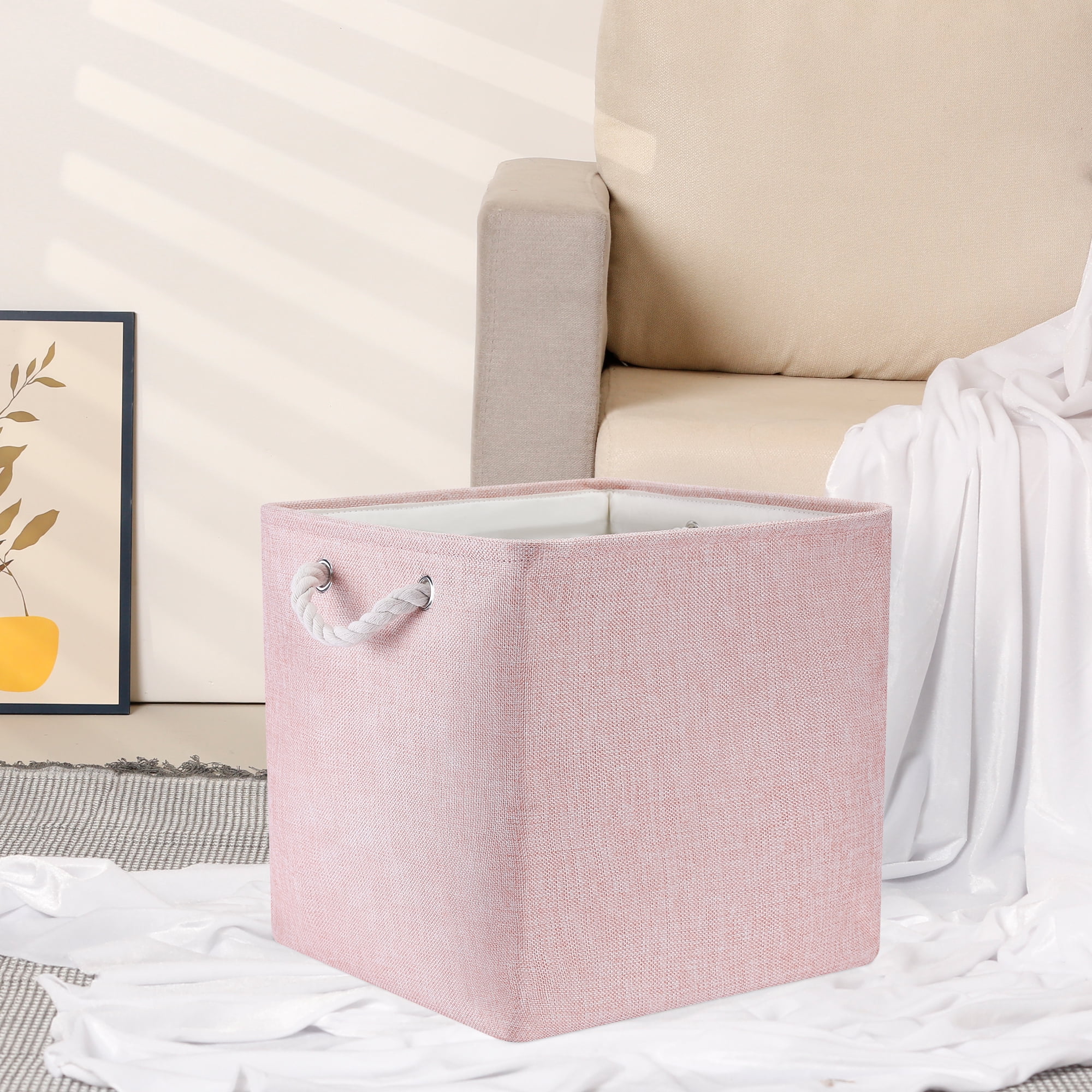 Unique Bargains 13 Inch Square Fabric Collapsible Storage Basket Bin with Handle Pink