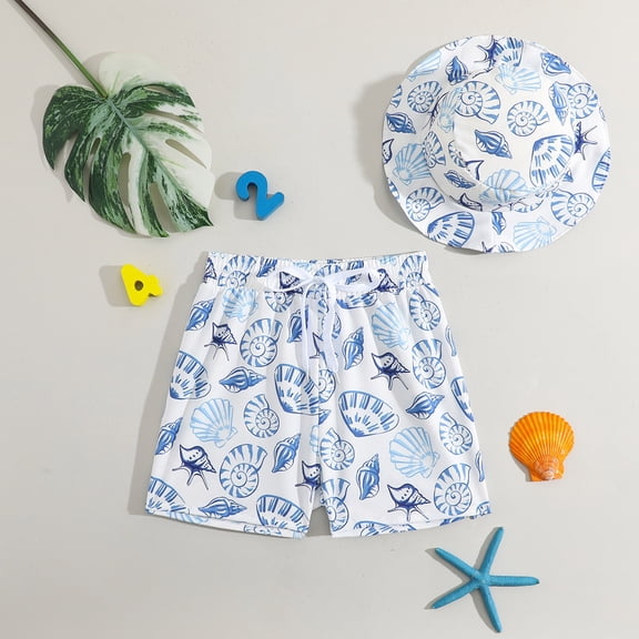 Baby Swimsuit Boy Toddler Boys Seashell Print Swim Trunks with Cap Girls Bathing Suit Multicolour 9-12 Months