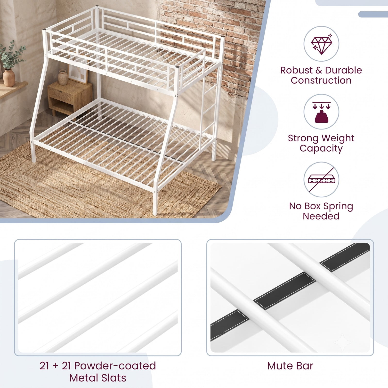 Furnibear Twin Over Full Metal Bunk Bed Frame with Ladder and Safety Guardrails for Kids Teens Dorm and Guest Bedroom , White