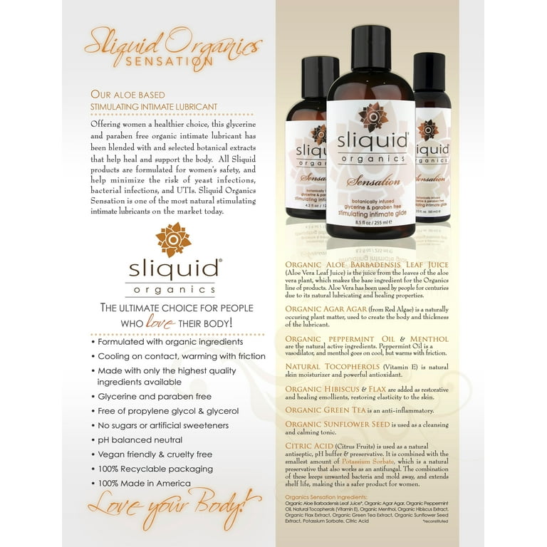 Sliquid Organics Sensation Organic Aloe and Water Based Premium Personal  Lubricant, 8.5 fl. Oz - Walmart.com
