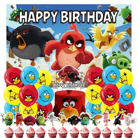 32 Pcs For Angry Birds Party Decoration Set – Includes Backdrop, 18 Balloons, and 13 Cupcake Toppers for Themed Celebrations