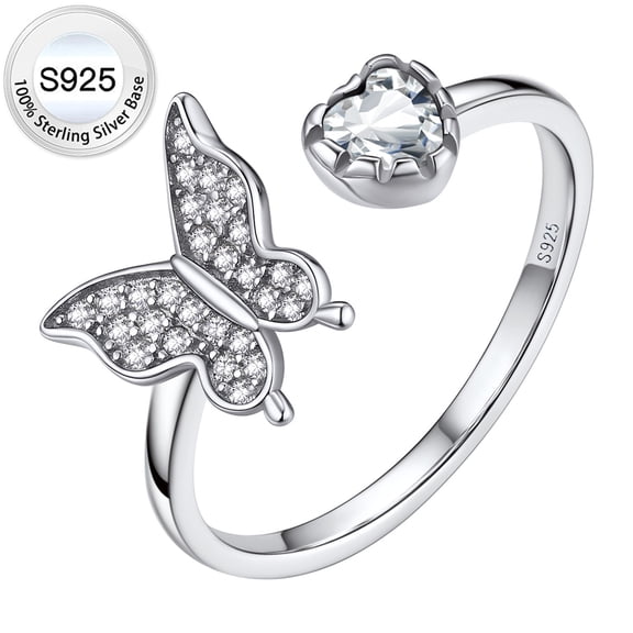 Bestyle Pure S925 Sterling Silver Butterfly Open Ring with Full Cubic Zirconia, Shining Crystal Birthstone Ring April Birthday Mother's Day Gift