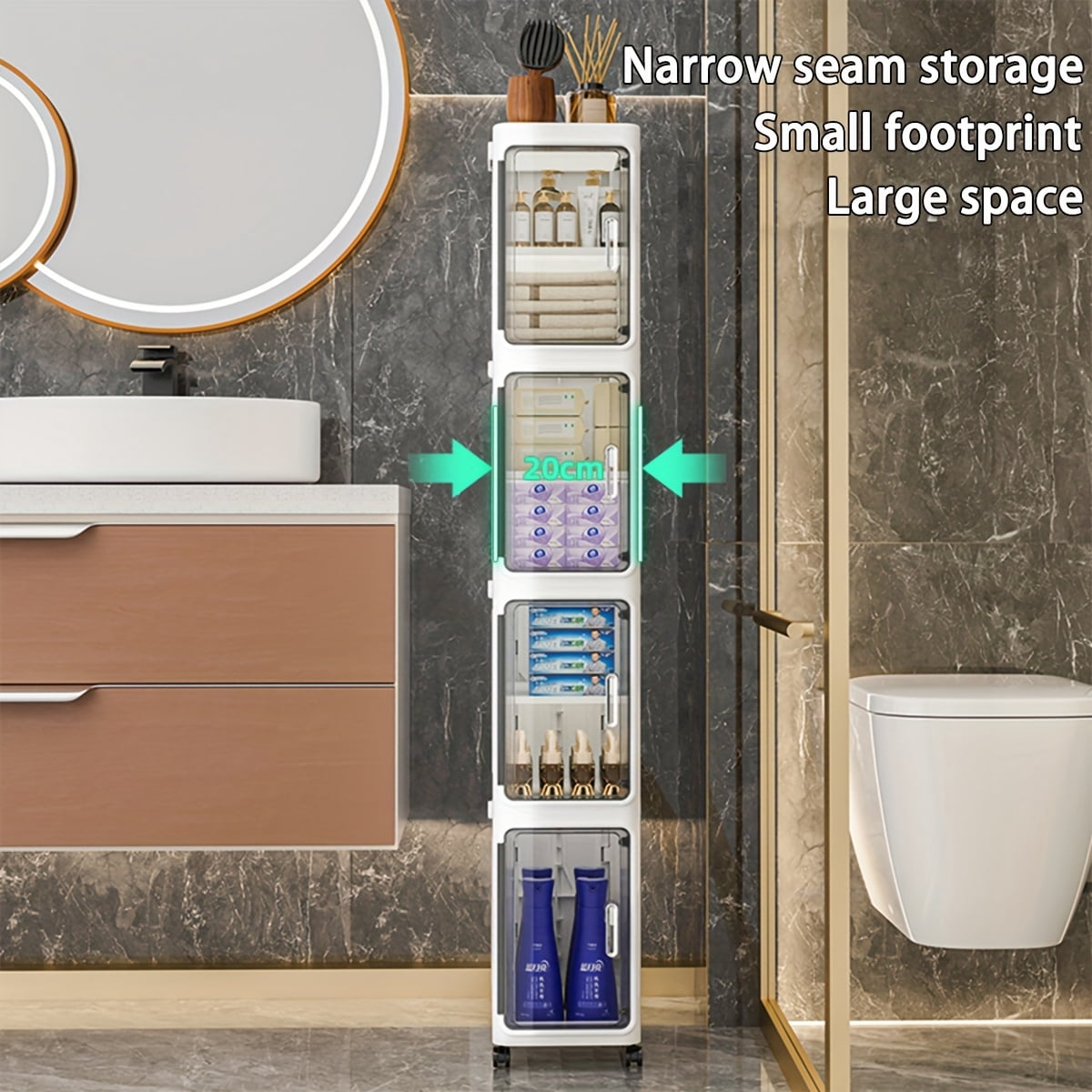 4-Tier Tall Narrow Storage Cabinet with Movable Wheels, Adjustable Shelves, Anti-Tip, Slim, for Small Space, Bathroom, Kitchen, Laundry, White