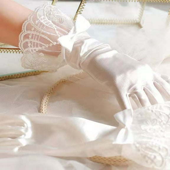 Dalrosia Women Bridal Wedding Gloves Satin Short Opera Gloves Pearl Wrist Banquet Dress Gloves Fancy Party Floral Gloves