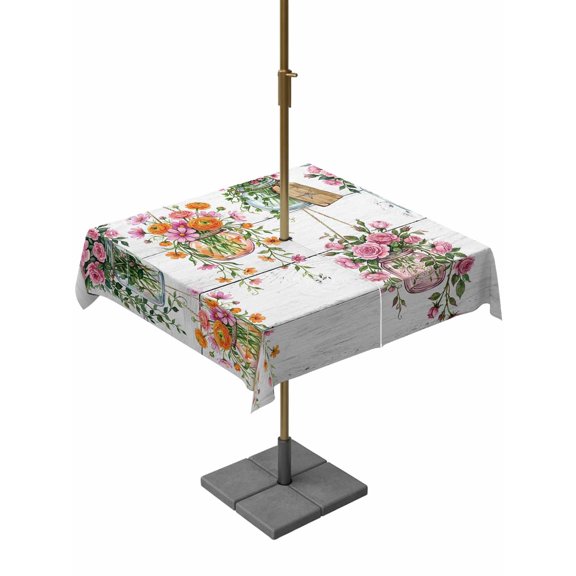 Outdoor Tablecloth with Umbrella Hole for Patio/Picnic/Party/Camping, Pink Spring Floral Waterproof Table Cloth Square Cover Washable, Wooden Elegant Farmhouse Botanical (54"x 54")