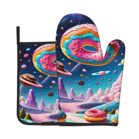 

Junzan Colorful Donut Pattern Oven Mitts and Pot Holders 2 pcs Set Potholders BBQ Gloves Long Kitchen Oven Glove for Cooking Baking Grilling (2-Piece Set 11 Inch)