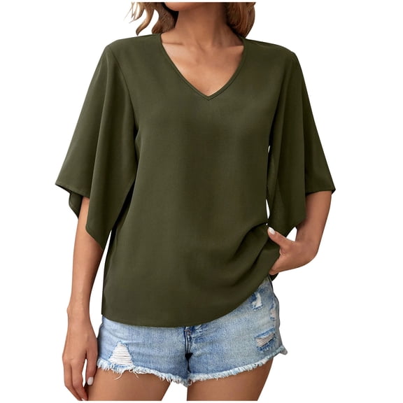 Women's Loose Fit V-Neck Tee Batwing Sleeve Short Sleeve Solid Color Casual Top Comfortable Oversized Blouse for Women