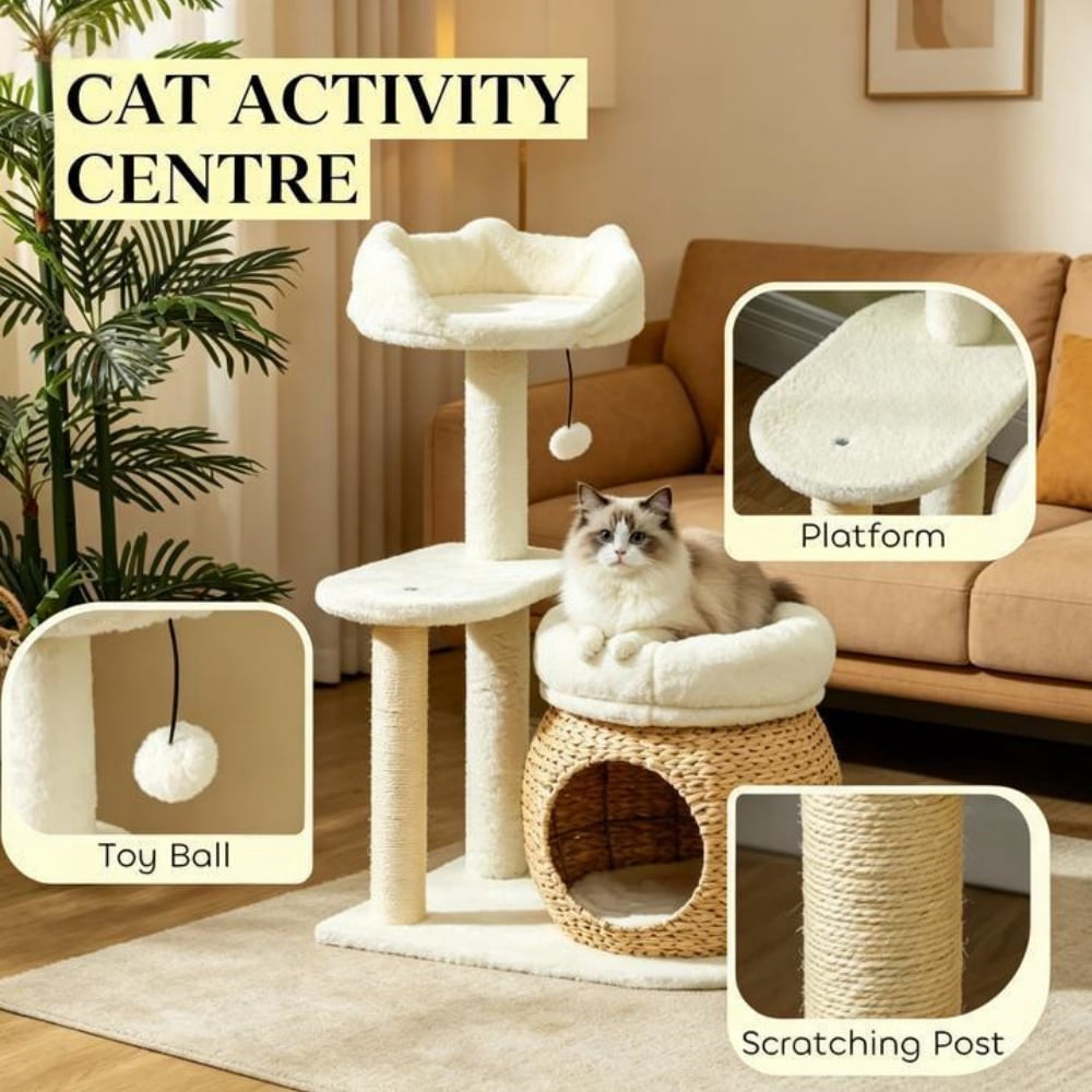 Cat Tree Activity Play Center, Cream White Cat Tower with Scratching Posts, Platform, Toy Ball, Cat Condo and 2 Beds, Soft Bunny Velvet Cat Furniture for 1-2 Cats Up to 11 lbs