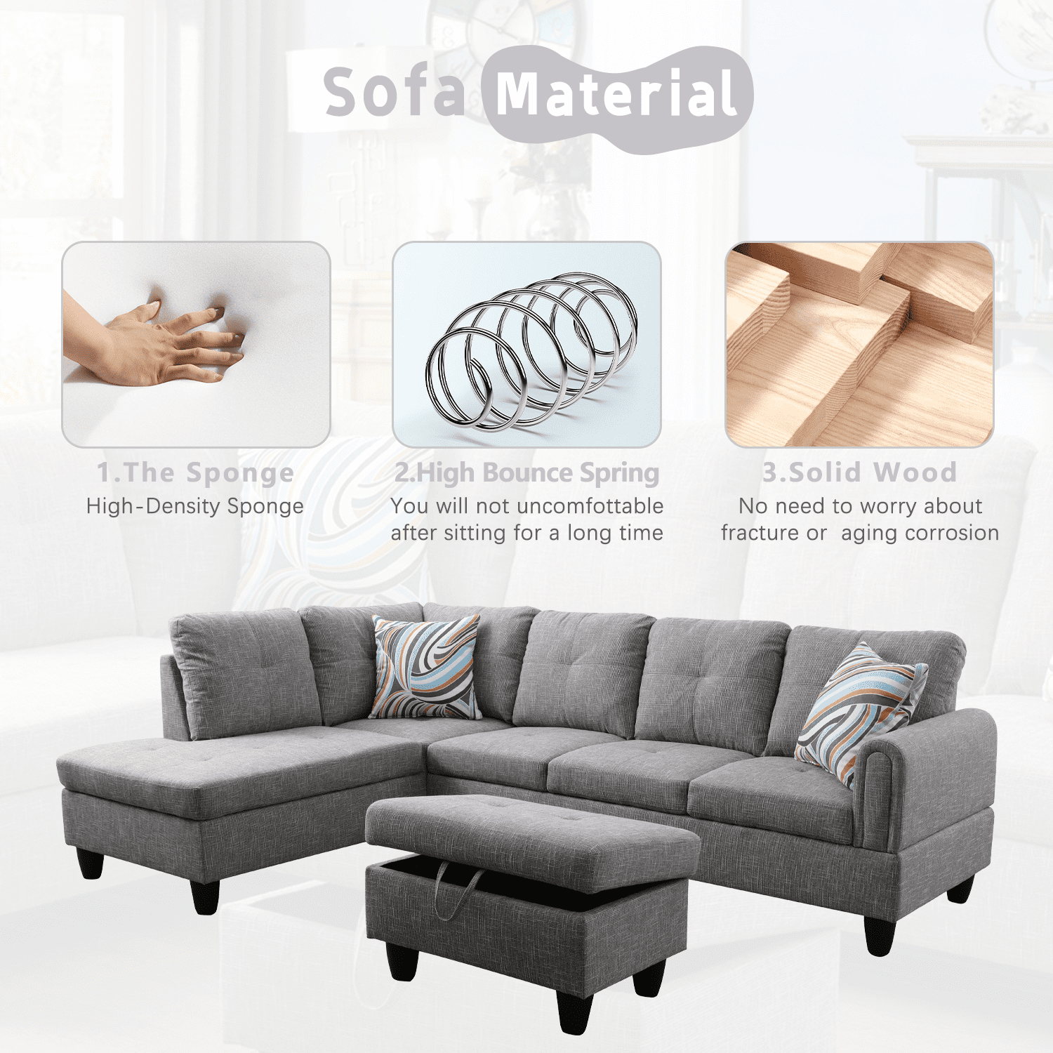 Aukfa Sectional Sofa, Living Room Couch with Storage Ottoman, Left Facing, 2Pillows, Flannel, Gray
