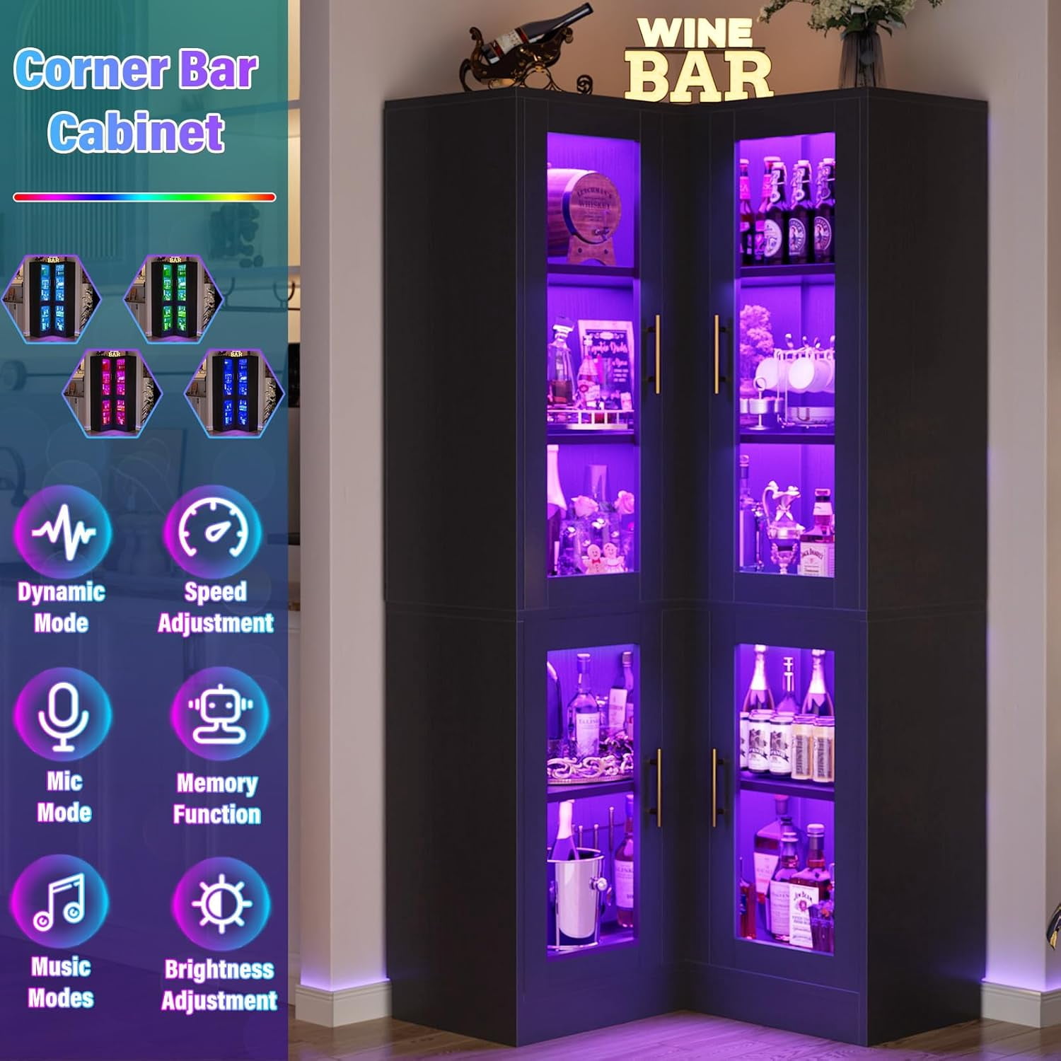 Homieasy 70'' Tall Corner Pantry Cabinet, L Shaped Kitchen Hutch Cabinet with LED Lights, Glass Doors & Adjustable Shelves, Storage Cabinet for Dining, Kitchen, Closet, Black