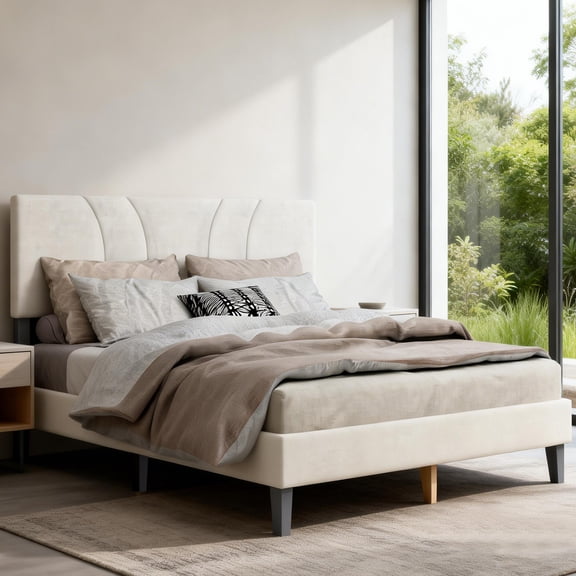 Cacagoo Full Platform Upholstered Bed Frame with Soft Adjustable Headboard, Wooden Mattress Foundation,No Box Spring Needed