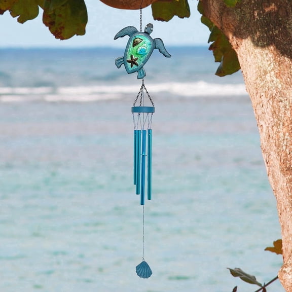 Liffy Sea Turtle Wind Chimes, Glass & Metal Garden Decor for Patio, Yard, Outdoor Hanging Decor, Green