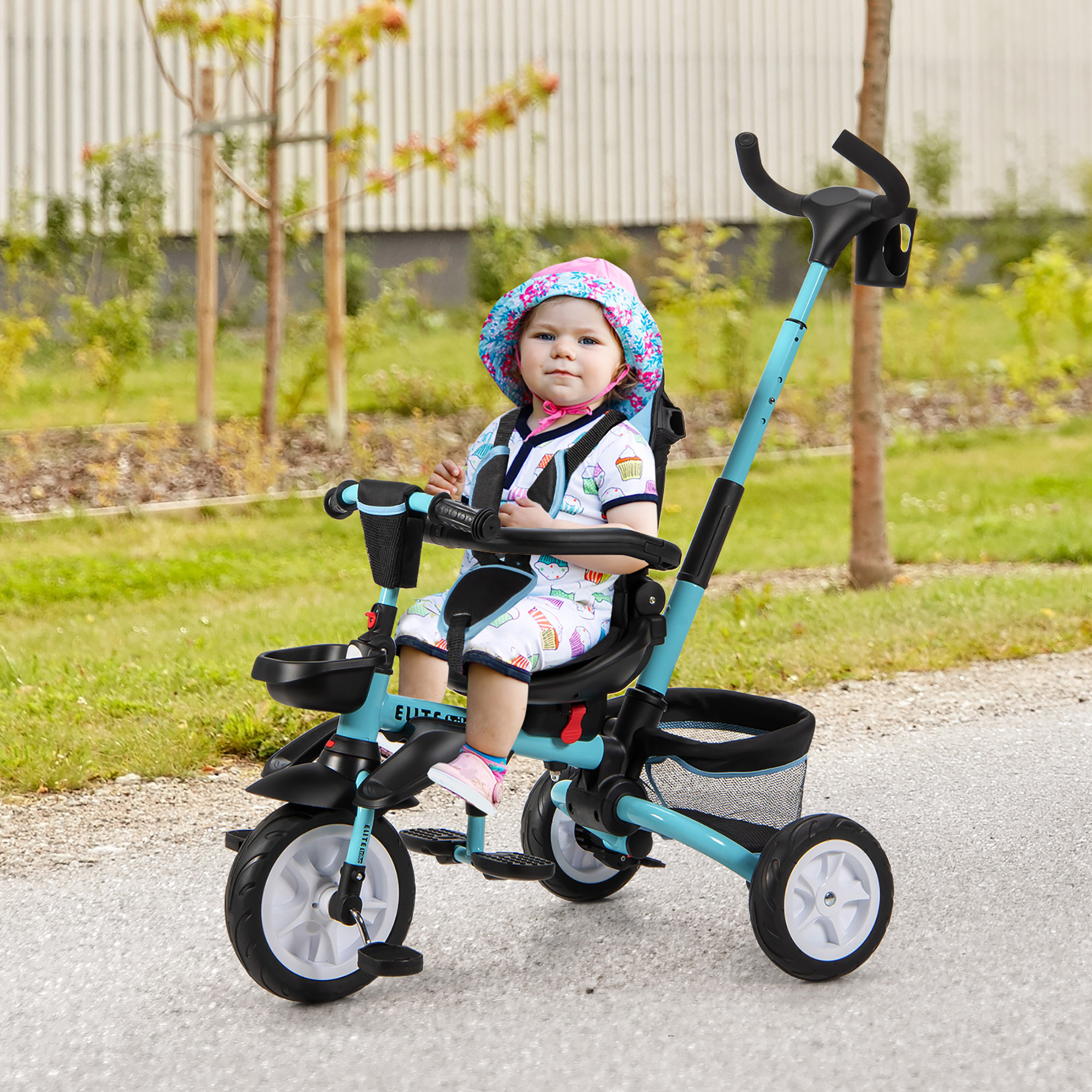 HOMCOM 6-in-1 Kids Tricycle For Ages 1.5+ | Blue Removable Handle Push Trike Stroller