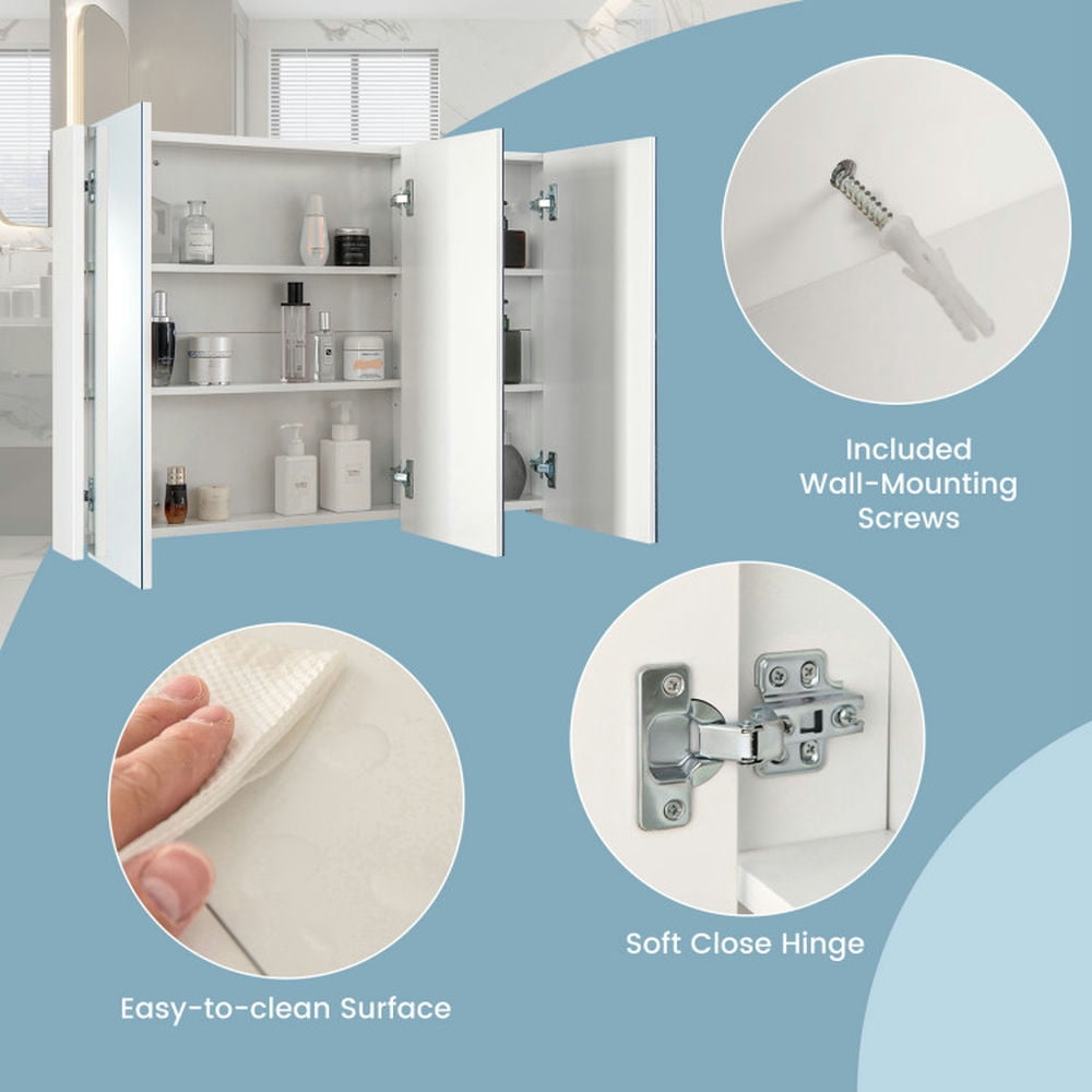 Finihen Bathroom Wall Cabinet, Wall Mounted Bathroom Mirror Cabinet, Frameless Bathroom Wall Mounted Mirror Cabinet with 3 Doors and Adjustable Shelves, White Finihen Bathroom Wall Cabinet, Wall Mounted Bathroom Mirror Cabinet, Frameless Bathroom Wall Mounted Mirror Cabinet with 3 Doors and Adjustable Shelves, White