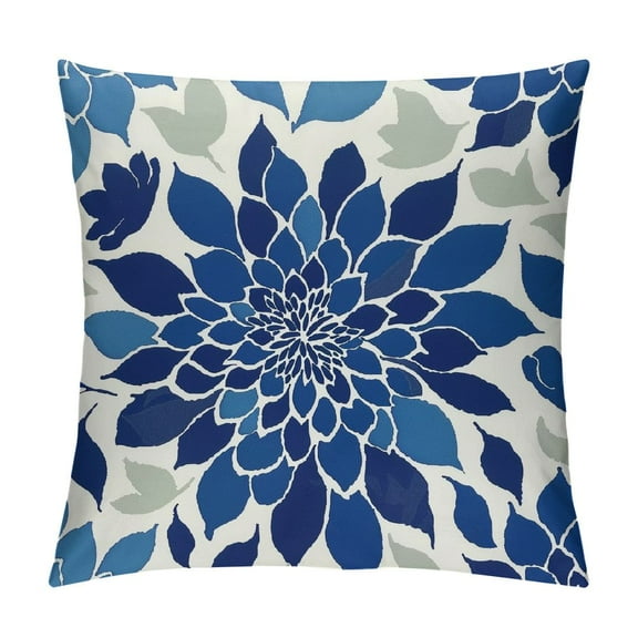 Creowell Navy Blue White Pillow Covers , Summer Dahlia Floral Decorative Outdoor Throw Pillows Geometric Flower Modern Style Cushion Pillow Covers for Sofa Couch Outdoor Decor