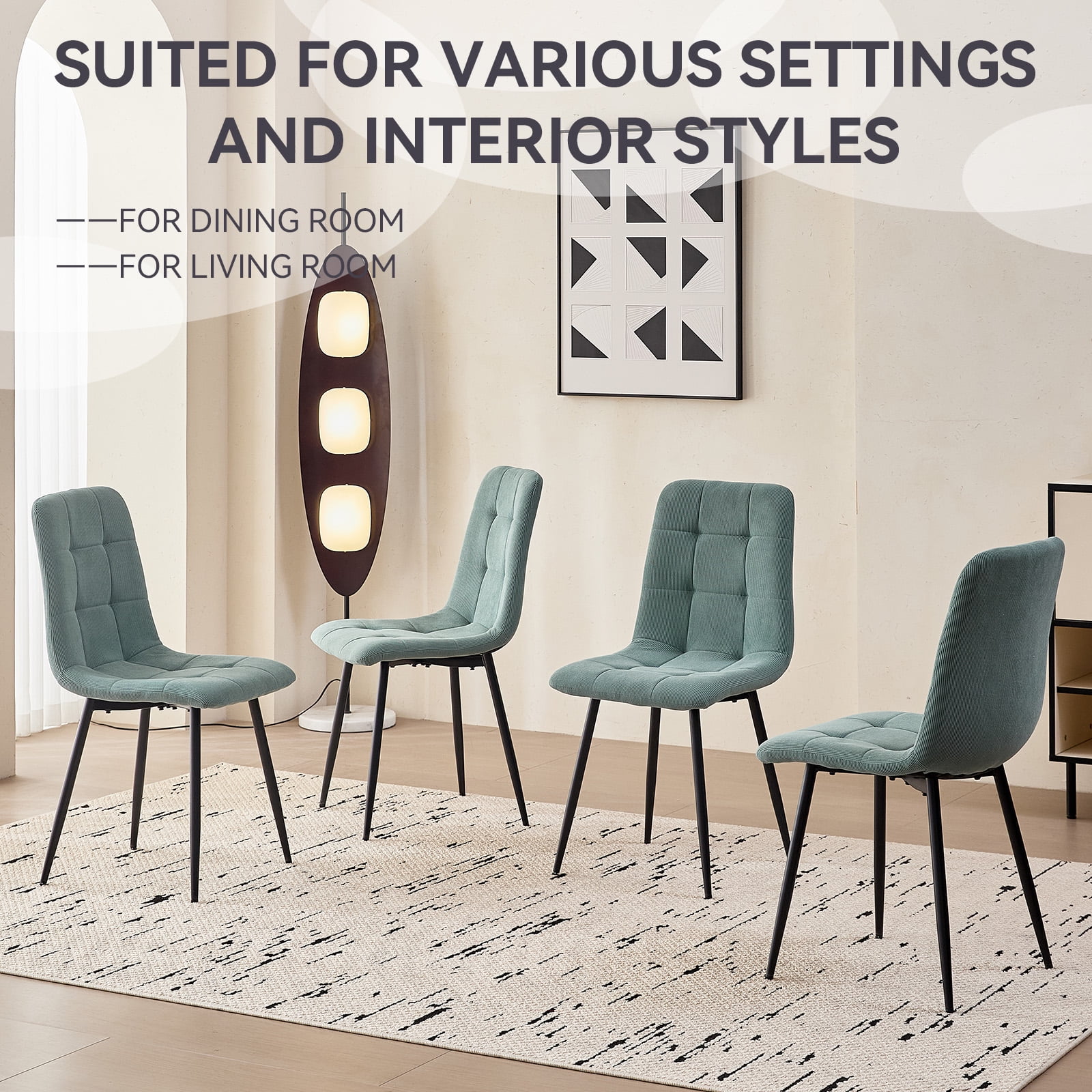 Corduroy Dining Chairs Set of 4, Modern Upholstered Fabric Kitchen Chair with Metal Legs for Living Dining Room, Apartment, Side Chairs with Thick Cushions, Green
