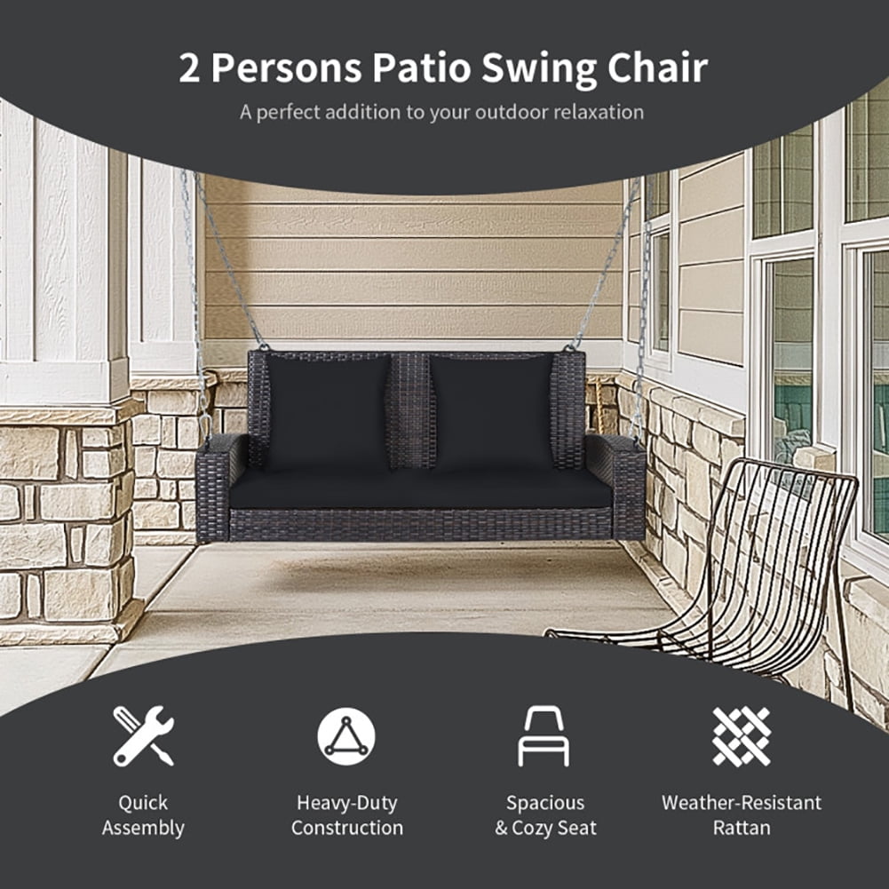 Aimee Lii 2-Person Patio Rattan Porch Swing with Cushions, Outdoor Patio Furniture, Black