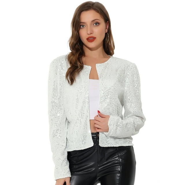 Chaqueta corta con parte delantera abierta y manga larga con lentejuelas brillantes para mujer Plata S