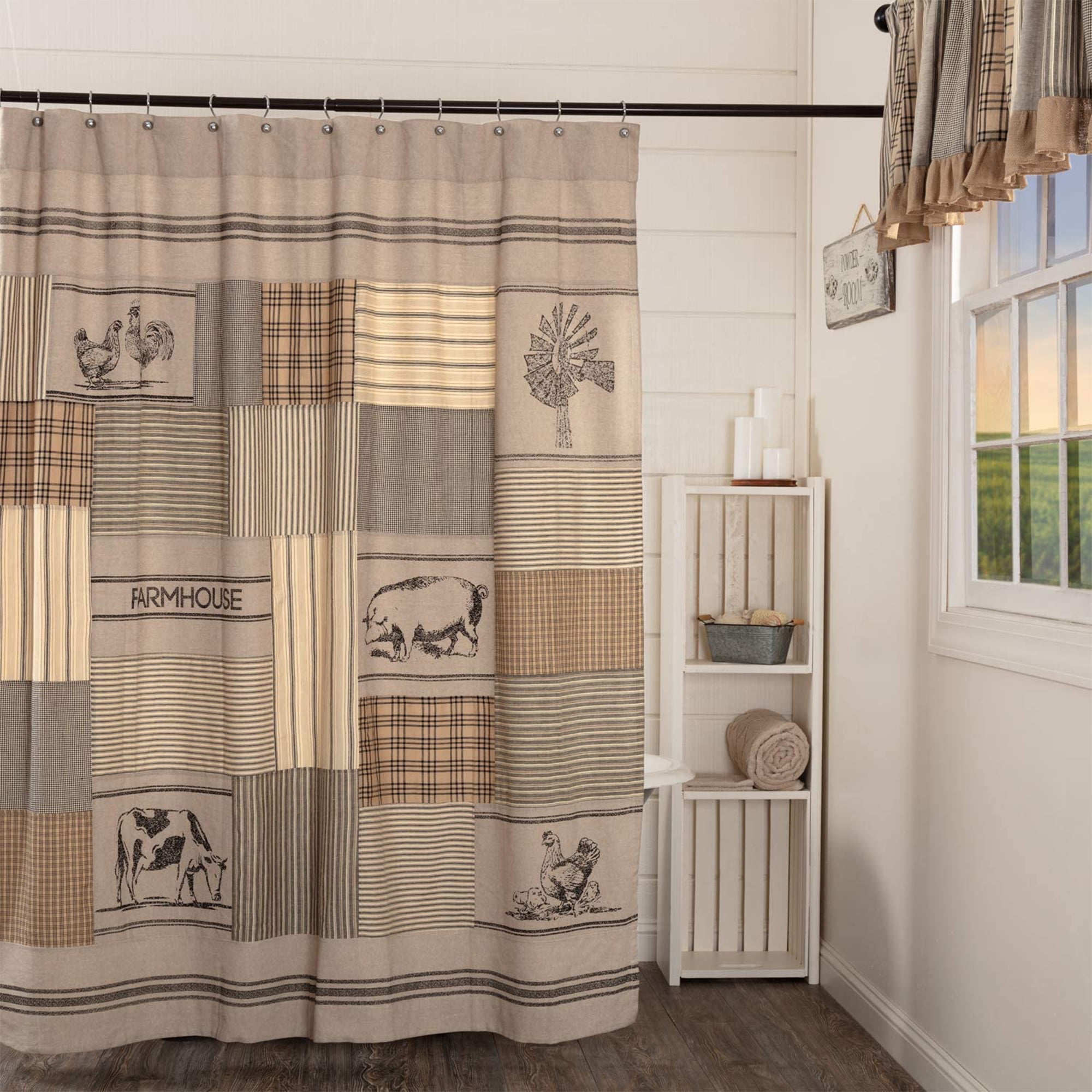 VHC Brands Sawyer Mill Cotton Shower Curtain, 72x72, Charcoal Patchwork