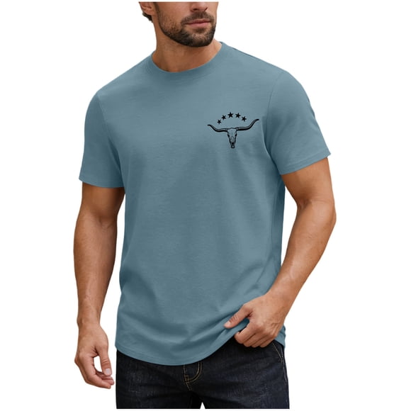 Brnmxoke Mens Athletic T Shirts Casual Bull Horn Print Western Tops Relax Fit Short Sleeve Crew Neck Loose Summer Cowboy Tees Light Blue,XXL