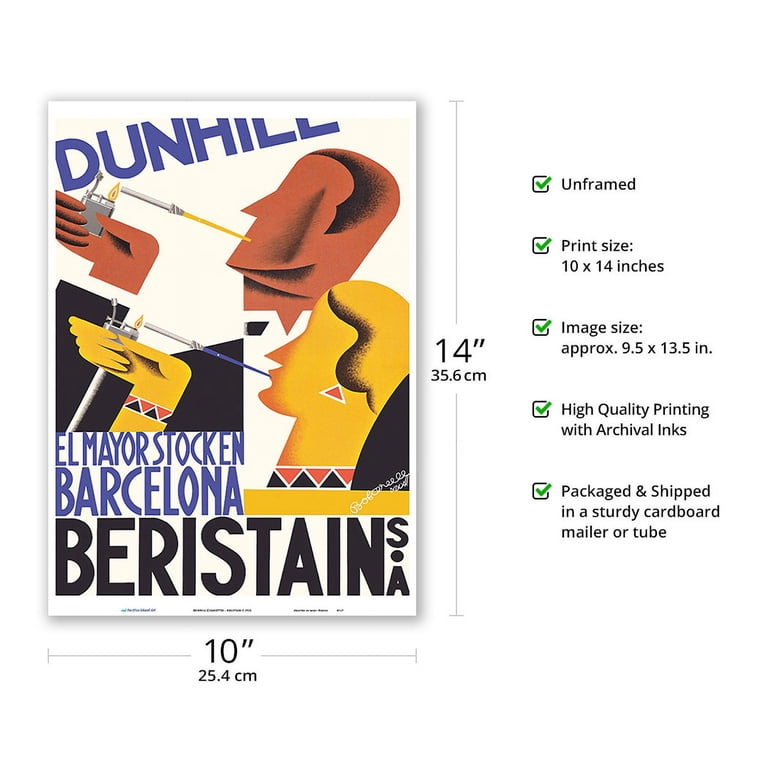 Dunhill Cigarettes - The Largest Stock in Barcelona - Beristain S.A. -  Vintage Advertising Poster by Jacint Bofarull c.1932 - Master Art Print  10in x 14in