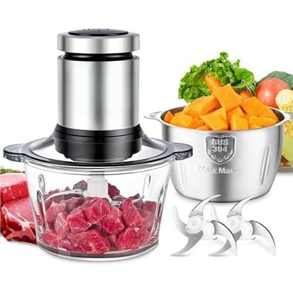 Food Processors,400W All-Copper Motor Meat Grinder & Food Chopper - Electric Vegetable Chopper with 2 Bowls(8 Cup 8 Cup) & 2 Bi-Level Blades for Meat/fish/Vegetable/Baby Food