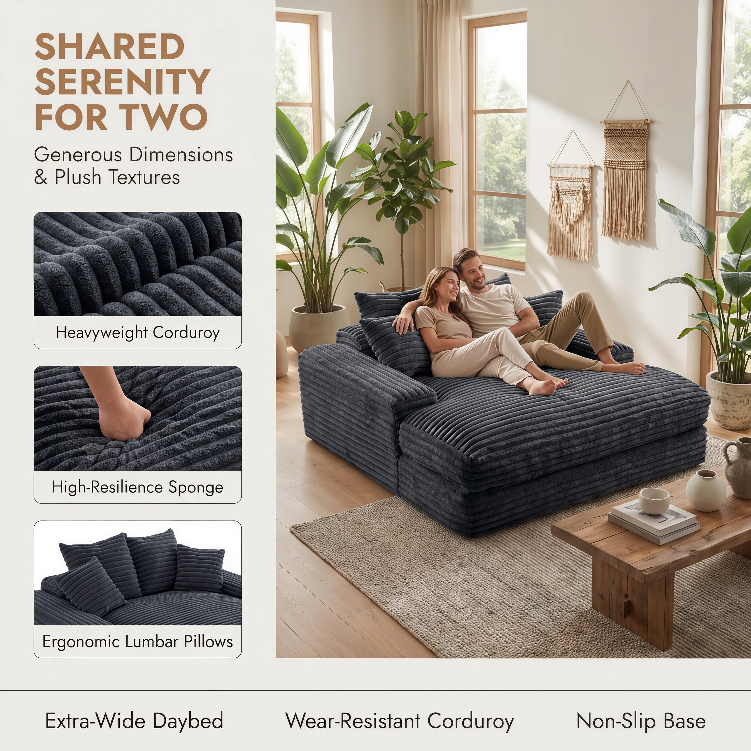 Modern Corduroy Oversized Chaise Lounge Chair, 66"Double Daybed Sofa Sleeper with 4 Pillows, No Assembly Cloud Couch for Living Room, Dark Gray