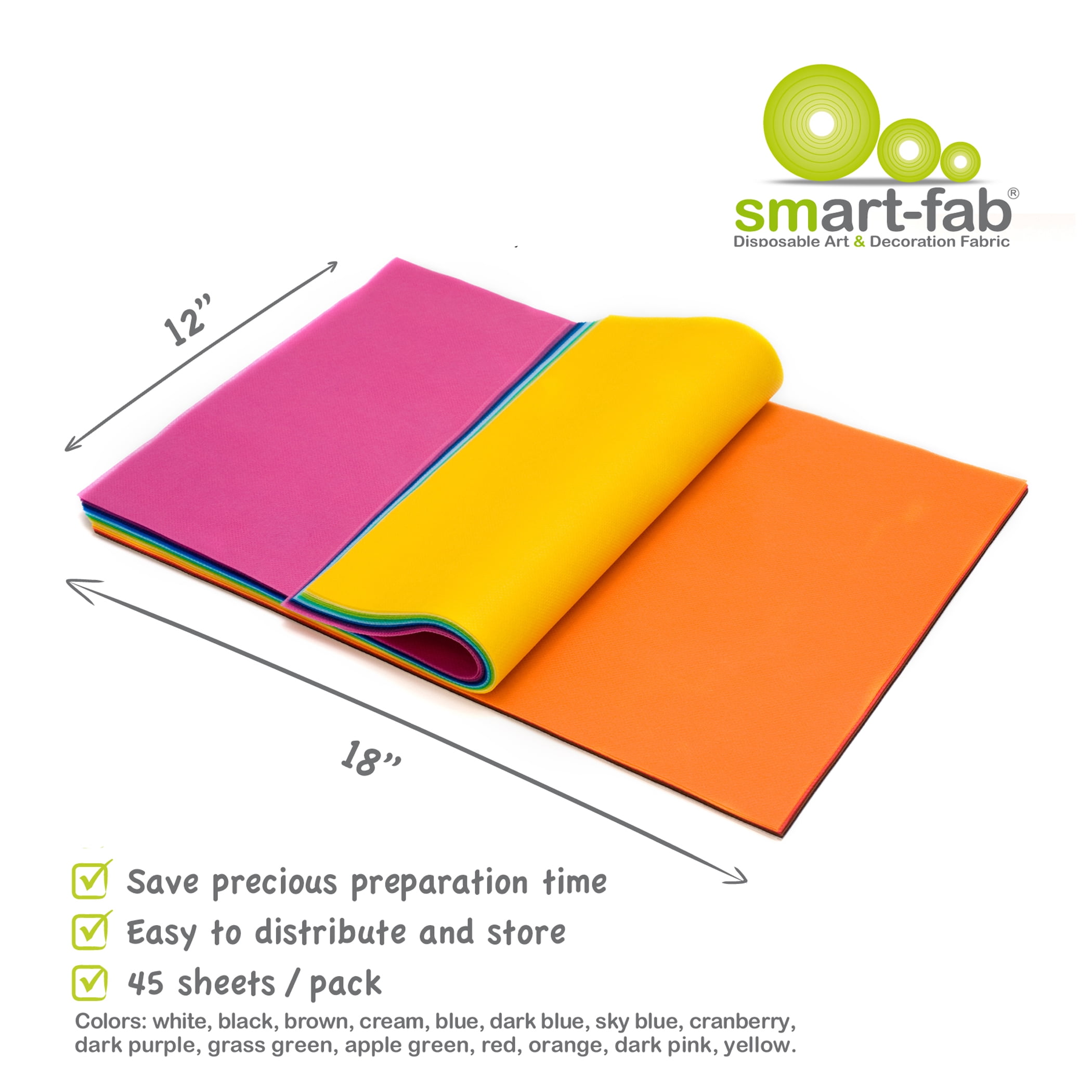 Smart-Fab Art & Decoration Fabric Sheets, 12" x 18", Assorted, 45 Sheets Per Pack, 2 Packs
