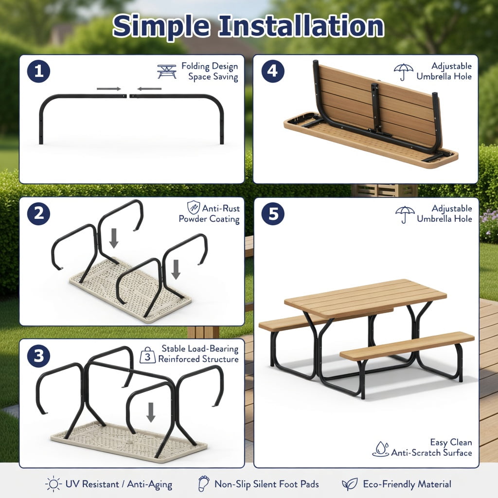 Hommoo Heavy-Duty Outdoor Picnic Table & Bench Set, HDPE Wood-Grain Finish, All-Weather Backyard Patio Furniture, Black