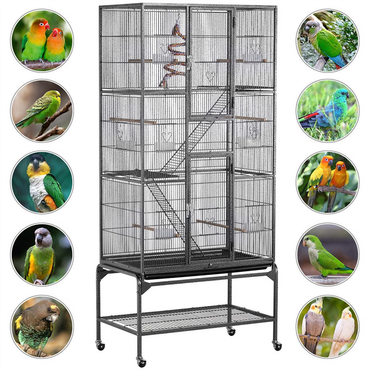 Alden Design 69" H Rolling Extra Large Metal Bird Cage with Detachable Stand for Parrots, Black