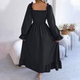 thumbnail image 5 of Mrat Women's Boho Long Dress Squares Neck Smocked Long Lantern Sleeve Dress A-Line Maxi Ruffle Dress S-202 Black XL, 5 of 8