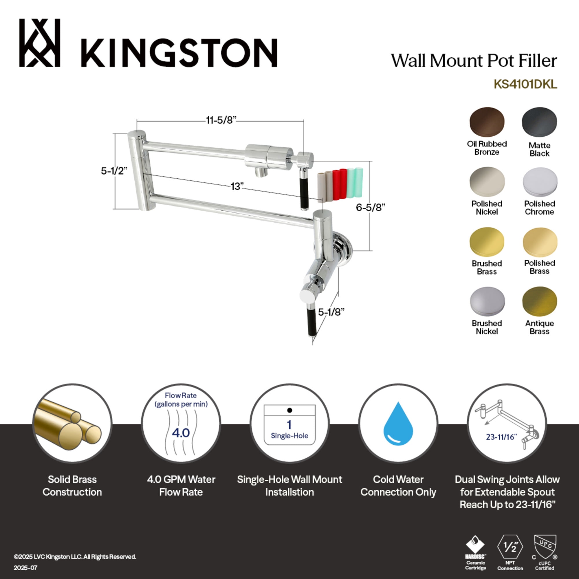 Kingston Brass KS4101DKL Kaiser Two-Handle 1-Hole Wall Mount Pot Filler Faucet in Polished Chrome