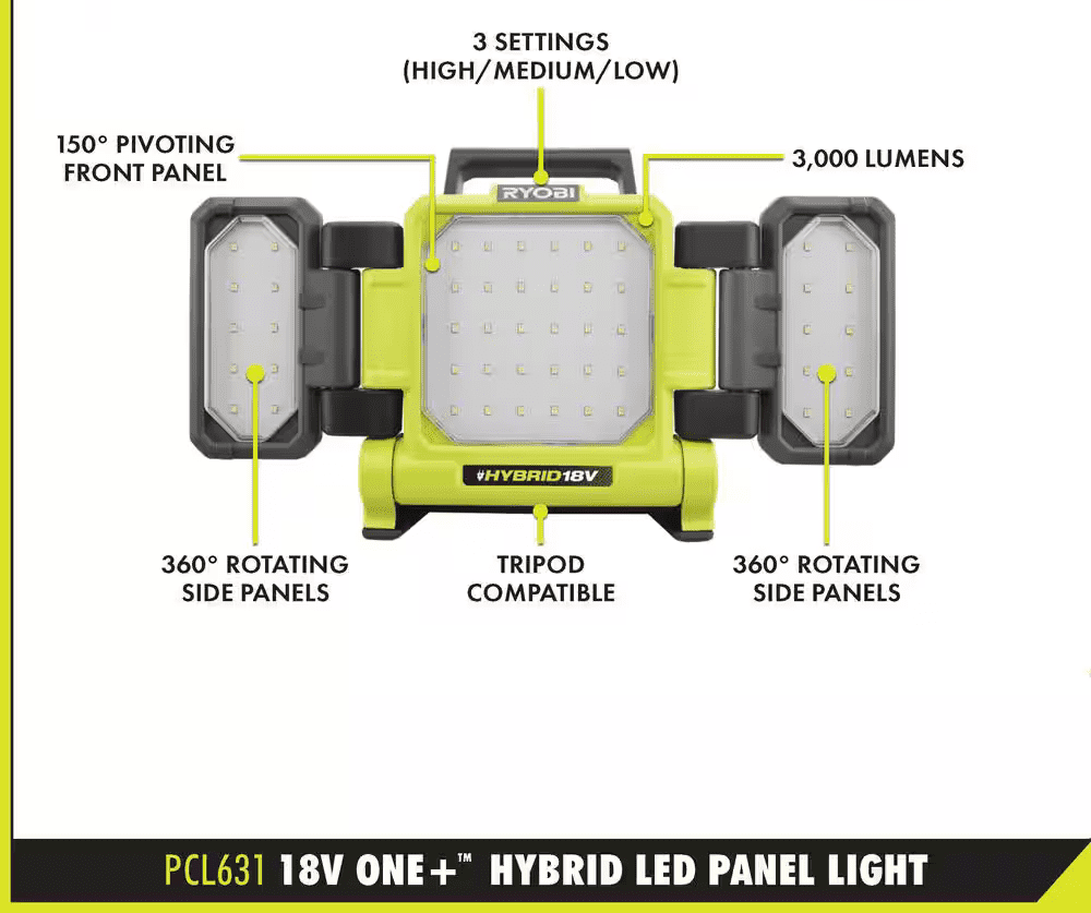 Ryobi ONE+ 18V 3-Light Kit - Hybrid Panel, Spotlight, Flexible Clamp (Tool Only)