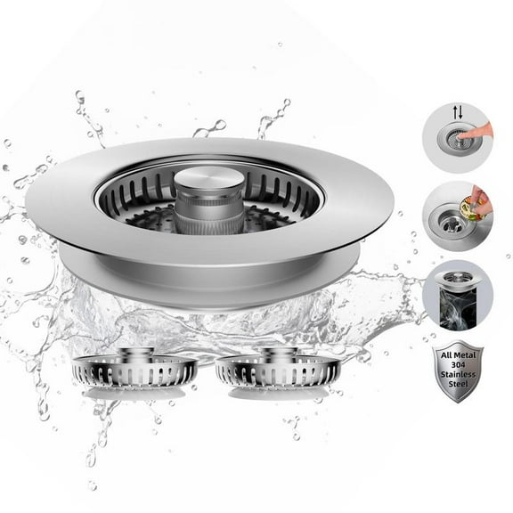 Hibbent All Metal Stainless Steel 3 in 1 Kitchen Sink Drain Strainer and Stopper Combo, Upgraded Sink Stopper, Anti-Clogging Stainless Steel Basket Strainer with Handle for US Standard 3-1/2" Drain
