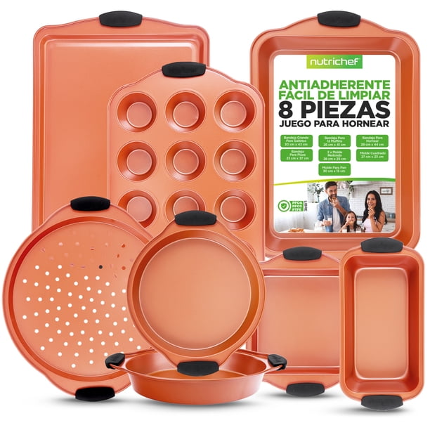 Set de 8 Moldes y Charolas para Hornear NutriChef, Antiadherentes, con Mangos de Silicona Resistentes Antiquemaduras, Acero al Carbono, Incluye Molde para Pan, Muffins, Bandejas y Crisper para Pizza