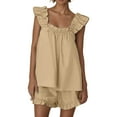 thumbnail image 2 of Women'S Pajama Sets 2 Piece Sleeveless Sleepwear Ruffle Tanks Top And Casual Shorts Sweet Loungewear Outfit Khaki XL, 2 of 6