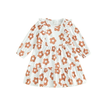 

Qtinghua Toddler Baby Girls Autumn Casual A-line Dress Long Sleeve Ruffle Floral Print Dresses White 18-24 Months