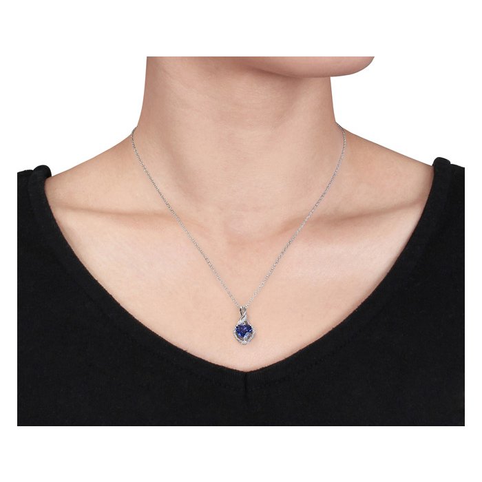 Pendentif Cœur Argent 925 Saphir Et Diamant Or 18K - Longueur 18 Pouces (45.7 Cm) - Neuf Sans Emballage