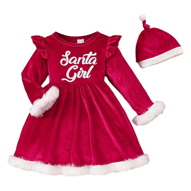 DuoJiaJ Robe Fille avec Imprimé Lettre Manches Longues Robe de Fête et Chapeau pour Vacances Saison Festive 12-18 Mois