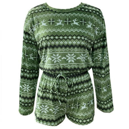 

Women Christmas Snowflake Pajamas Set Long Sleeve Drawstring Hem Crop Top Shorts