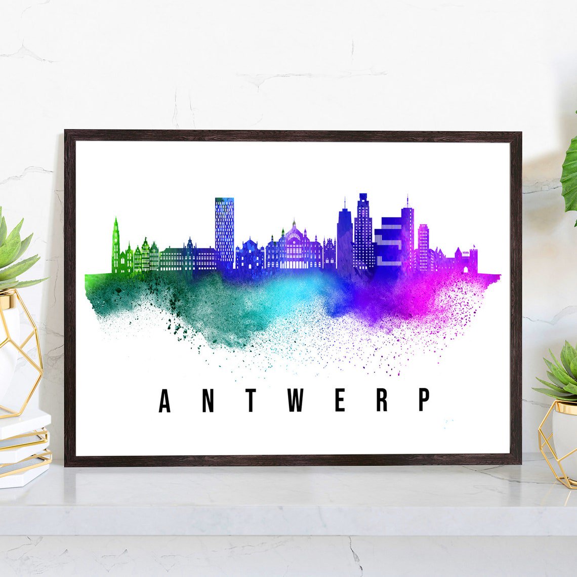 Antwerp Belgium Skyline Wall Art Print With Cityscape Landmark Illustration And Home Decor