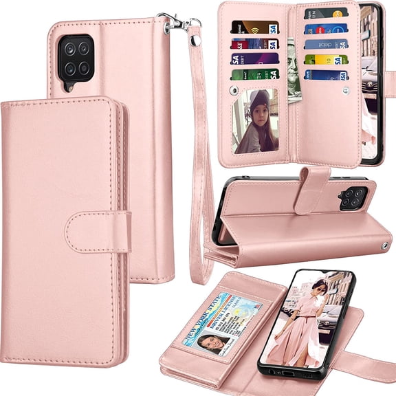 Galaxy A12 Case, Galaxy A12 Wallet Case, Tekcoo Luxury PU Leather Cash Credit Card Slots Holder Carrying Flip Cover [Detachable Magnetic Hard Case] Kickstand for Samsung Galaxy A12 2021 [Rose Gold]